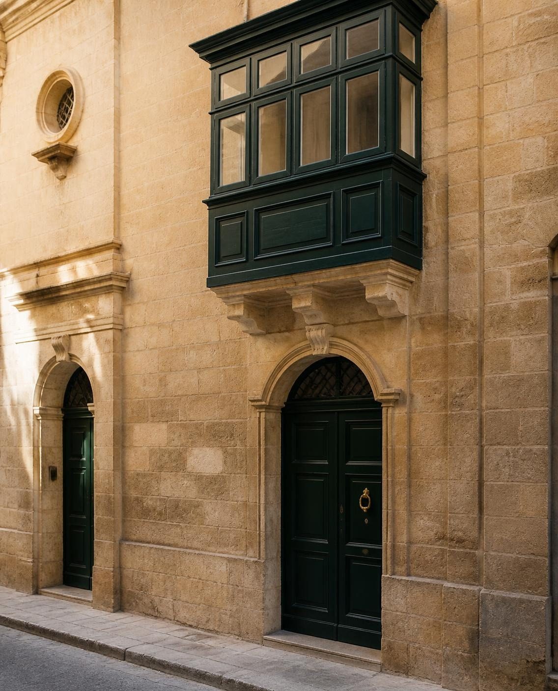 Limestone townhouse in Malta with a green timber door and balcony